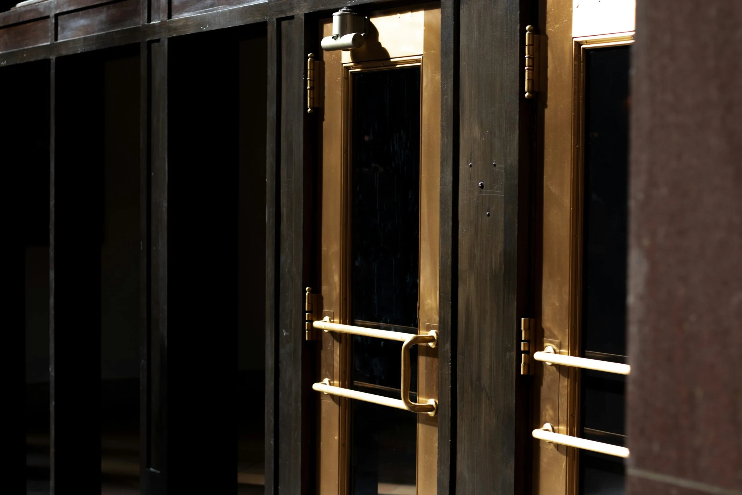 a close up of a metal door with bars on it